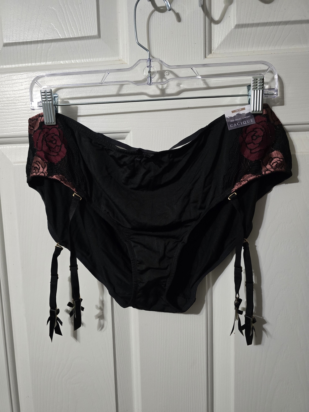Cacique Black High-Waist Garter Brief with Rose Embroidery